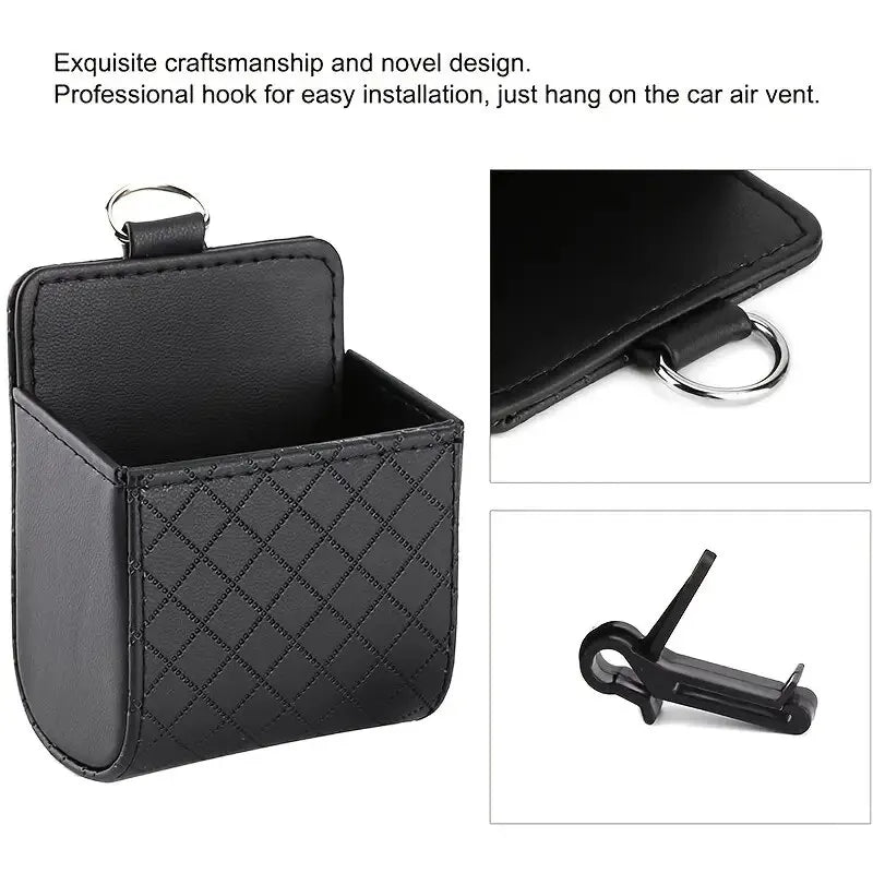 Car Phone Holder Mount: Air Vent Hanging Storage Box with PU Leather Mobile Phone Bag - Glasses Organizer for Convenient In-Car Accessory Support