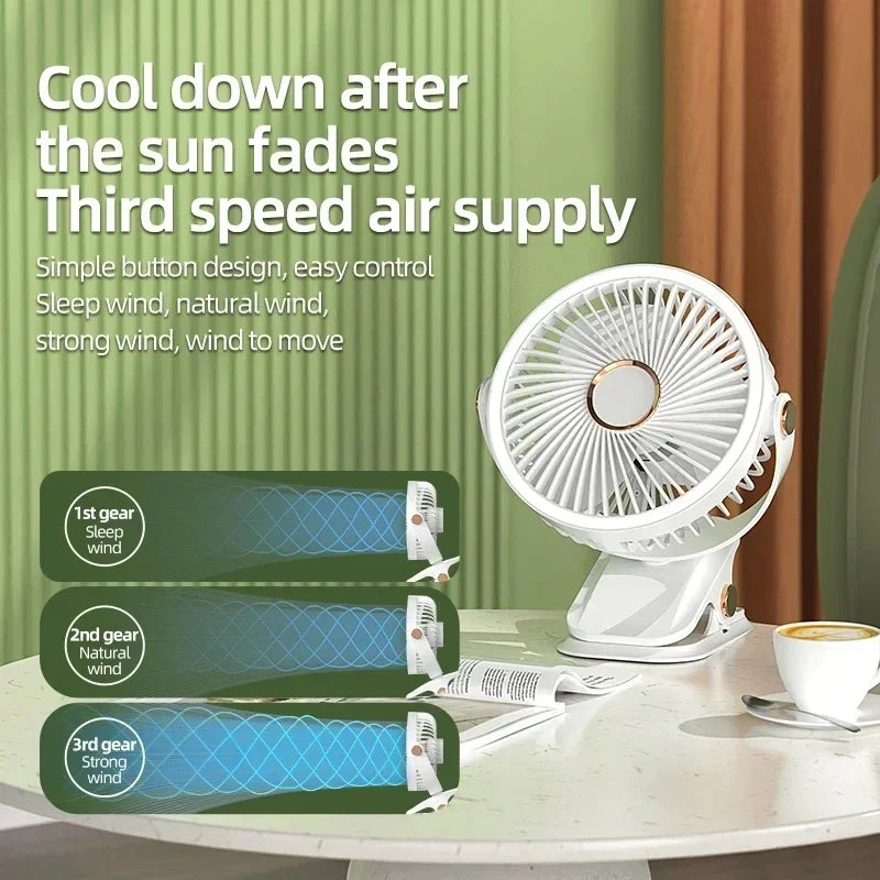 8000mAh Rechargeable Camping Fan – Portable Desktop Air Circulator with LED Light and Clip-On, Wireless Ceiling Fan