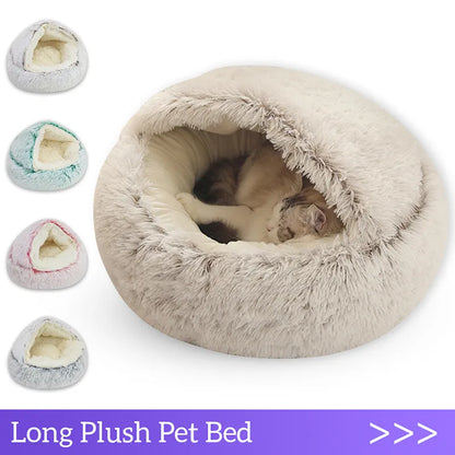 Winter Long Plush 2-in-1 Pet Cat Bed | Round Cushion & Sleep Bag | Warm Cat House & Nest Kennel for Small Dogs & Cats