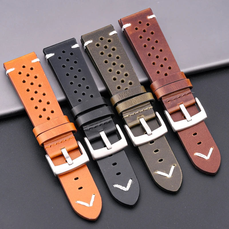 Breathable Genuine Leather Quick Release Watch Strap - 18mm-24mm Cowhide Band in Black, Green, Brown, Yellow - Unisex Watchbands