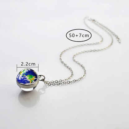 Solar System Universe Space Necklace - Two-Sided Glass Ball Pendant with Moon, Sun, Earth and Planets, Nebula Jewelry for Women and Men