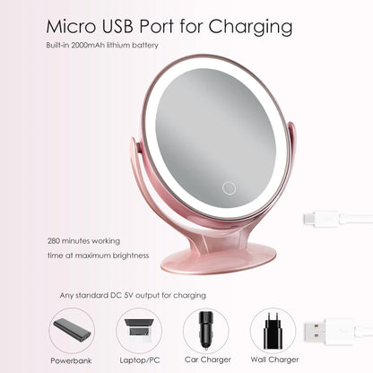 Double-Sided 1X/7X Magnifying LED Makeup Mirror with Light - USB Rechargeable, 360° Rotating Freestanding Design