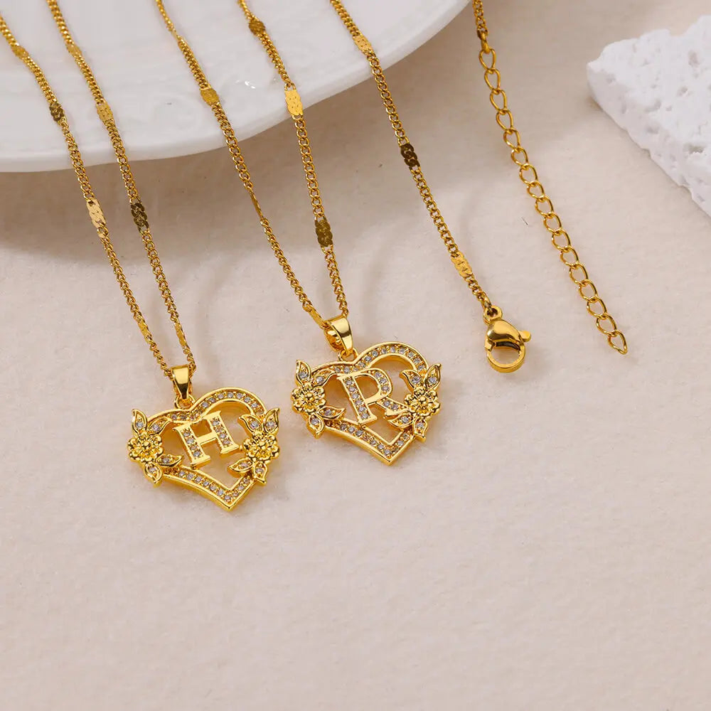 Zircon Flower Initial Necklace for Women - Stainless Steel Heart Letter Chain, Gold Color, 2024 Trend Wedding Jewelry