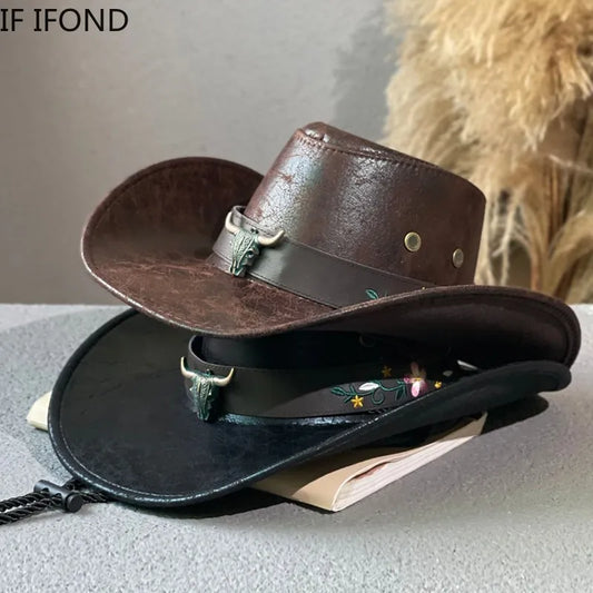 Fashion Western Cowboy Hat with Cow Head Decor - Faux Leather Vintage Gentleman Jazz Hat for Men, Panama Cowgirl Style