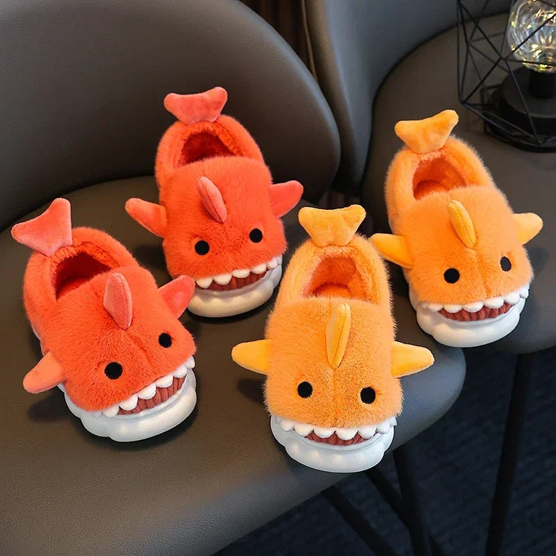 Cute Cartoon Shark Winter Heel Wrap Slippers for Kids - Non-Slip Soft Sole Plush Home Shoes for Boys and Girls