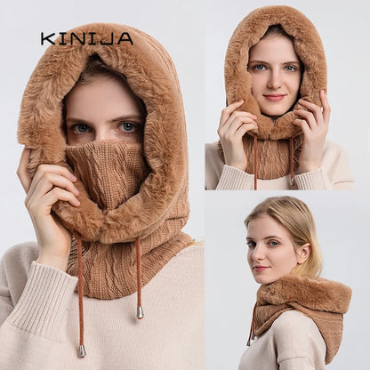 Winter Fur Cap and Mask Set for Women - Hooded Knitted Cashmere Balaclava with Plush Beanies, Windproof and Neck Warm