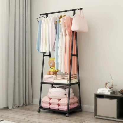 Standing Coat Rack with Wheels - Triangle Pulley Clothes Shelf for Bedroom and Household Storage