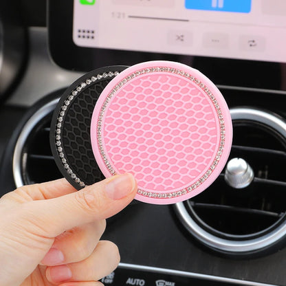 Car Water Cup Pad Holders - Non-slip Diamond Rhinestone Rubber Mat, Bottle Holder Coaster Auto Interior Anti-skid Cup Holders