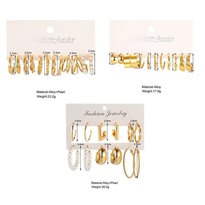 18Pcs Women's Earrings Set: C-Shaped Geometric Fake-Pearl Metal Earrings, Gold-Color Atmospheric Queuing Alloy