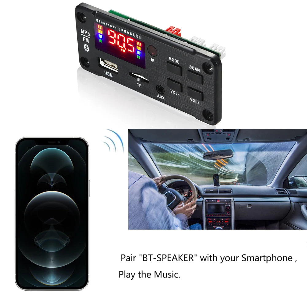 50W Bluetooth MP3 Decoder Audio Board with USB & TF, FM Radio for Car Speakers - DC 5V/12V Power Supply