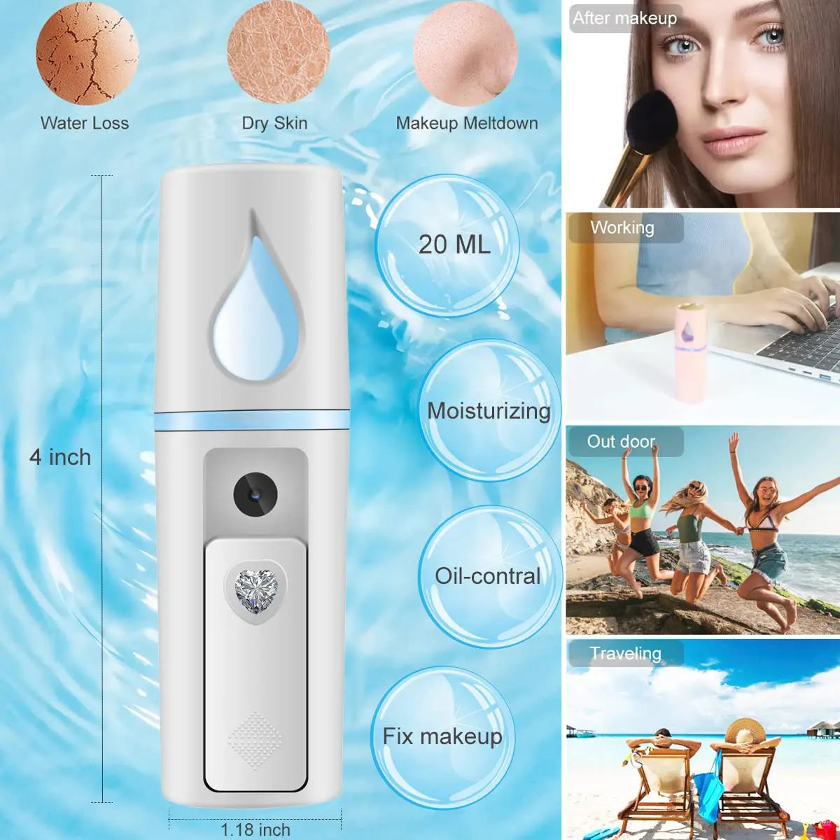 Nano Facial Steamer: Mist Spray for Eyelash Extensions, Cleaning Pores - USB Rechargeable Hydrating Face Sprayer