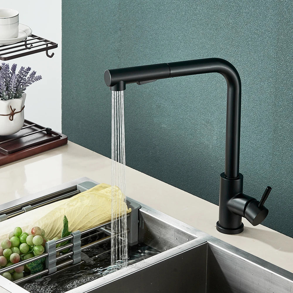 Black Pull Out Kitchen Sink Faucet - Stainless Steel Hot Cold Water Mixer Tap with Two-Model Stream Sprayer Nozzle, Deck Mounted