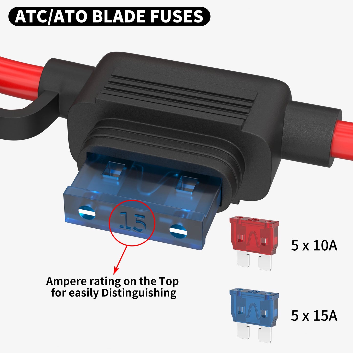 DaierTek 5PCS 18 Gauge Fuse Holder 12V - ATC/ATO Blade Fuse Inline Fuse Holder with 18 AWG Wires, Includes 10A and 15A Fuse for Cars