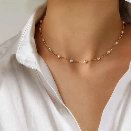 Women's Korean Style Pearl Choker Necklace – Gold Color Jewelry Pendant for 2023, Elegant Collar for Girls