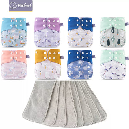 Elinfant Waterproof Baby Pocket Diapers Set | 8 Gray Mesh Cloth Diapers with 8 Microfiber Inserts