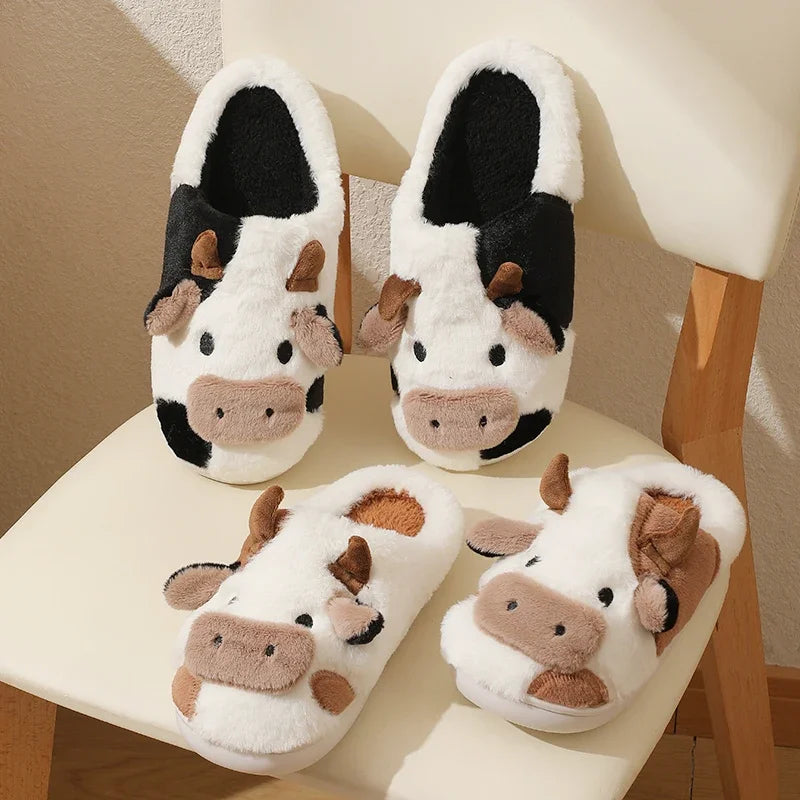 New Winter Cartoon Cow Warm Plush Slippers: Unisex Couple's Indoor Non-Slip House Slides - Toe Wrap Cotton Shoes