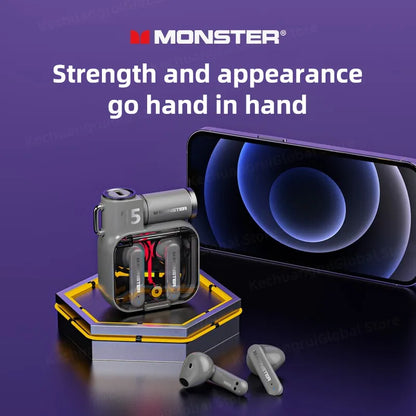 Original Monster XKT15 Wireless Bluetooth 5.3 Earphones - TWS Gaming Earbuds with RGB Flip Cover Design, Low Latency, New Release