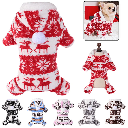 Winter Dog Christmas Jumpsuit – Warm Plush Pajamas for Small to Medium Dogs and Cats, Cute Overalls for Puppies, Yorkies, and Chihuahuas