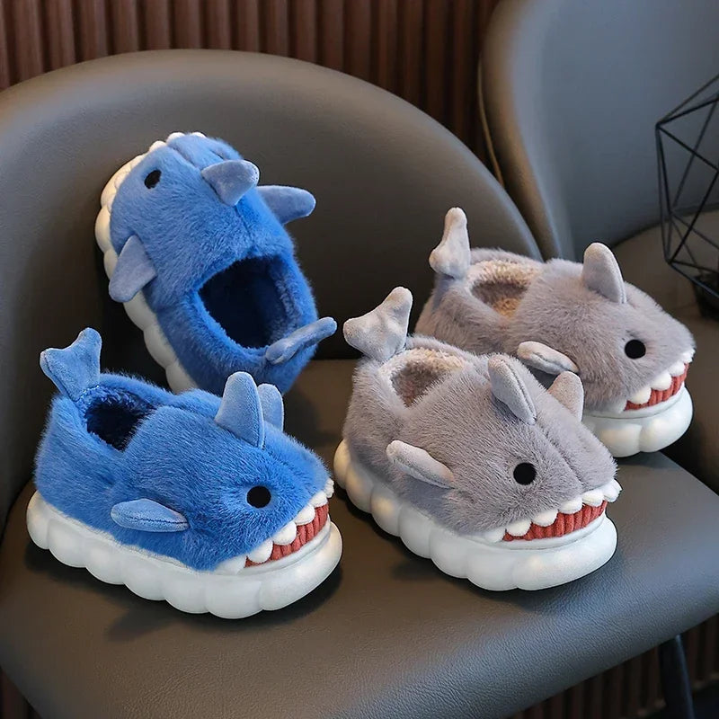 Cute Cartoon Shark Winter Heel Wrap Slippers for Kids - Non-Slip Soft Sole Plush Home Shoes for Boys and Girls