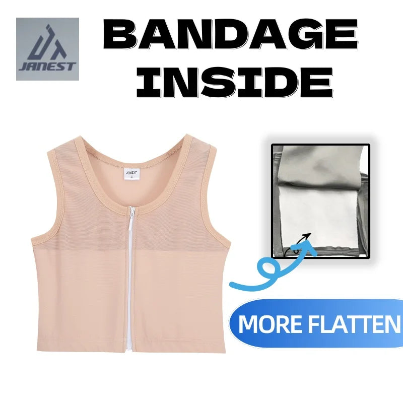 Central Zipper Chest Binder - Front Bandage Breast Binder, FTM Trans Lesbian Corset for Women