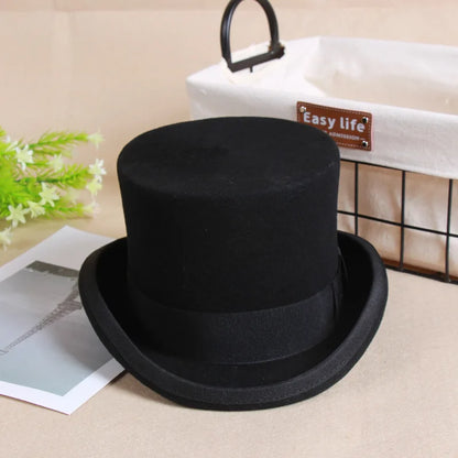 2024 Wool Flat Top Fedora Hat - Elegant Unisex Fashion Cap with Strap, Versatile Panama and Magician Gentleman Cylinder for Steampunk Style