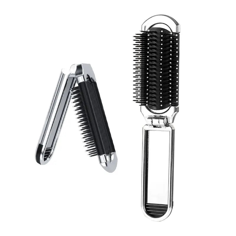 Electroplated Folding Airbag Comb | Portable Massage Comb with Removable Makeup Mirror | Women's Special 2-in-1 Hair Care Tool