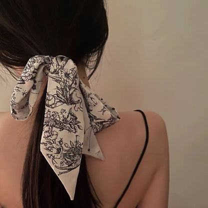 Fashion Skinny Silk Scarf for Women - Luxury Twill Print, Tie Handle Ribbon, Hair Band and Headscarf