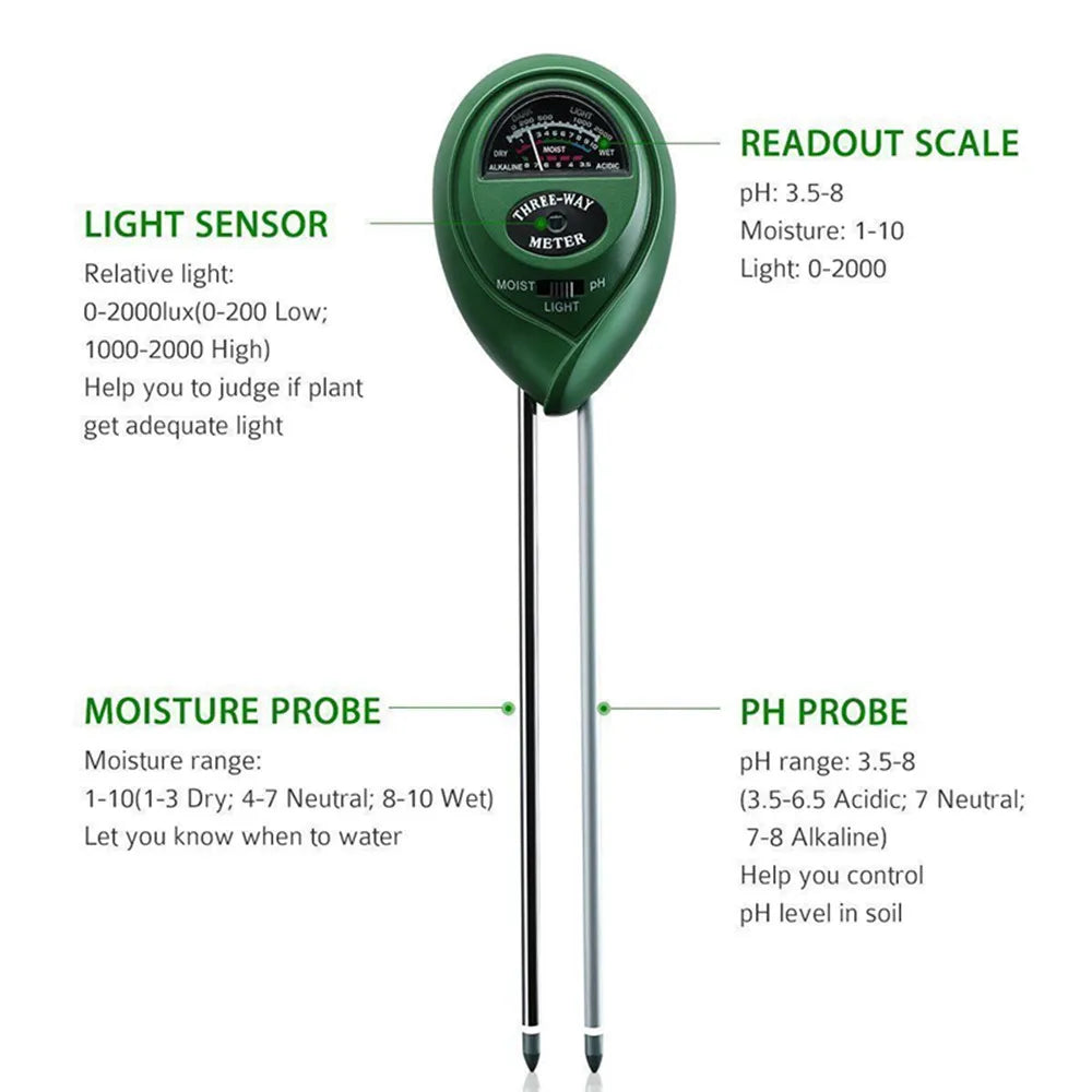 3-in-1 Soil pH Meter: Sunlight Tester, Moisture Sensor & pH Monitor for Garden Flowers - Acidity & Humidity Detector