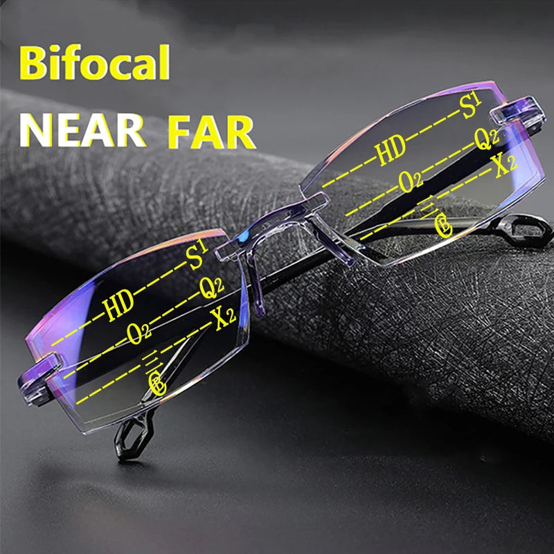 New Diamond-Cut Bifocal Progressive Reading Glasses for Men - Blue Light Blocking, Multifocal, Ultralight Rimless Eyewear