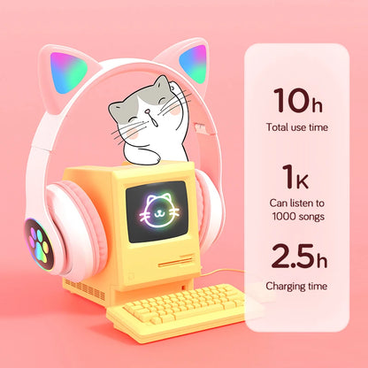 Cute Cat Ears Headphone Bluetooth 5.0 Stereo with Mic - Wireless Kids Girl Earphone with Flash Lamp, TF Card Support - Perfect Birthday Gift