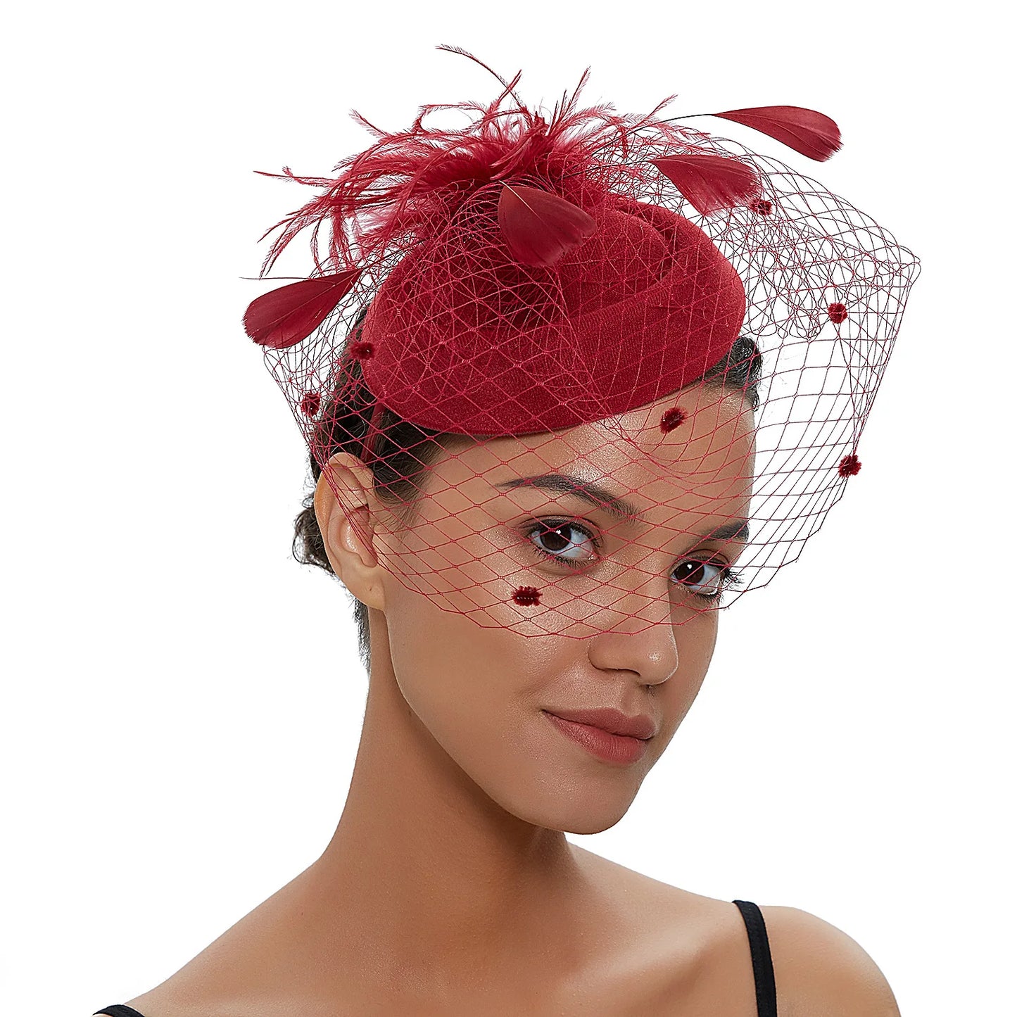 Women's Felt Fascinator Hat with Fishnet Veil - Small Plush Wave Point Decor Hair Clips, Wedding Bridal Cocktail Headwear