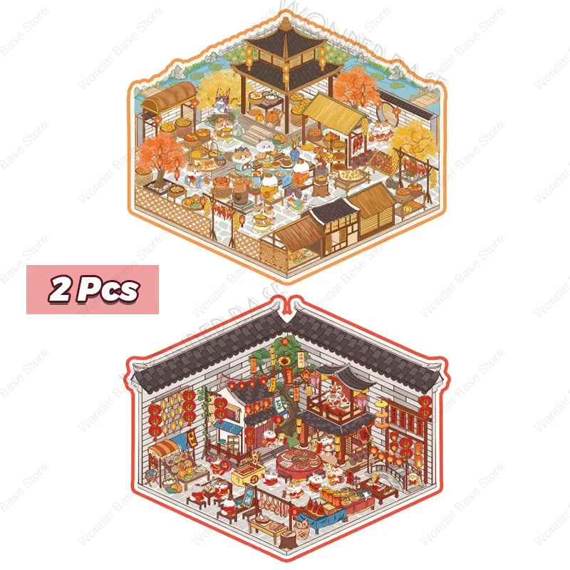 DIY 3D Cartoon Cat Sticker Set - Four Seasons Landscape, Pocket Cabin Scenes | Creative Stacking & Pasting Gift for Kids