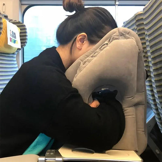 Inflatable Air Cushion Travel Pillow - Headrest with Chin Support for Airplane, Office Rest, and Neck Nap