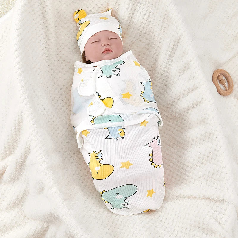 Adjustable Newborn Sleeping Bag: Cotton Baby Swaddle Wrap with Hat Set - Anti-Kick Sleepsack for Warm and Soft Blanket Comfort