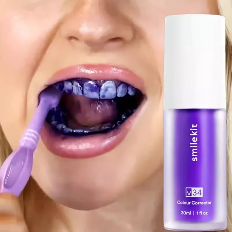 V34 SMILEKIT Purple Whitening Toothpaste - 30ml Stain Removal and Yellowing Reduction for Teeth and Gums, Fresh Breath and Brightening Care