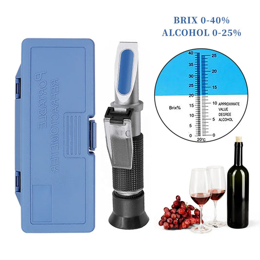 Handheld Alcohol Sugar Refractometer Tester - Wine Concentration Meter Densitometer 0-25% Alcohol, Beer 0-40% Brix Grapes