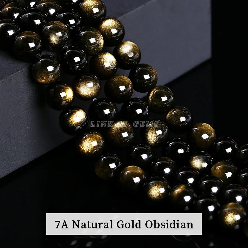 Golden Obsidian Bead Set - Natural Stone Spacer Beads in Iridescent Round Cut, 4mm-12mm Sizes for DIY Jewelry, Bracelets and Necklaces