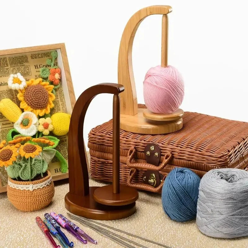 360° Rotation Wooden Yarn Holder: Spinning Knitting Tools - Crochet Holder with Rotating Magnetic Thread Spool, Wool Ball Winder