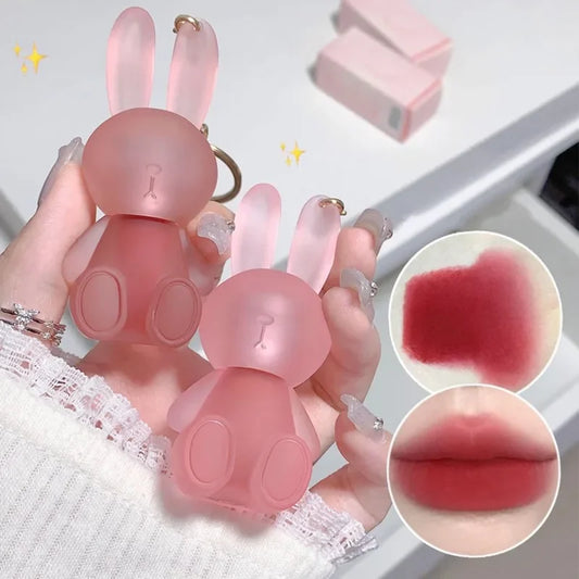 Summer Cute Rabbit Matte Velvet Lip Glaze: Lovely Bunny Keychain Lip Mud Lipstick - Pink Red Lip Gloss Tint Cosmetic