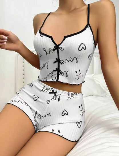 Women's Sleepwear Pajama Set - Heart Print Soft Ribbed Fabric with Flirty Frill Trim, Cami Top and Shorts Loungewear