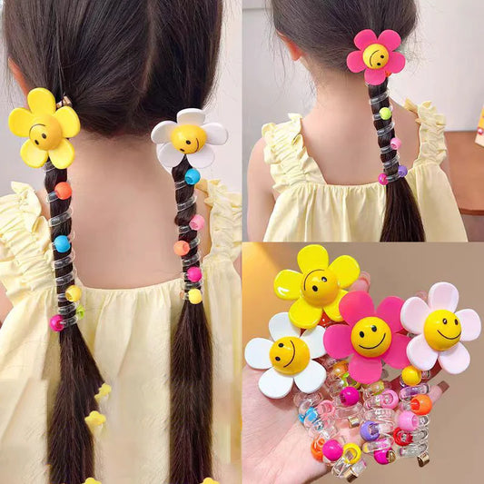 1PC Lovely Beaded Big Flowers Elastic Spiral Hair Rope – Ponytail Hair Ring Rubber Band Headband for Kids