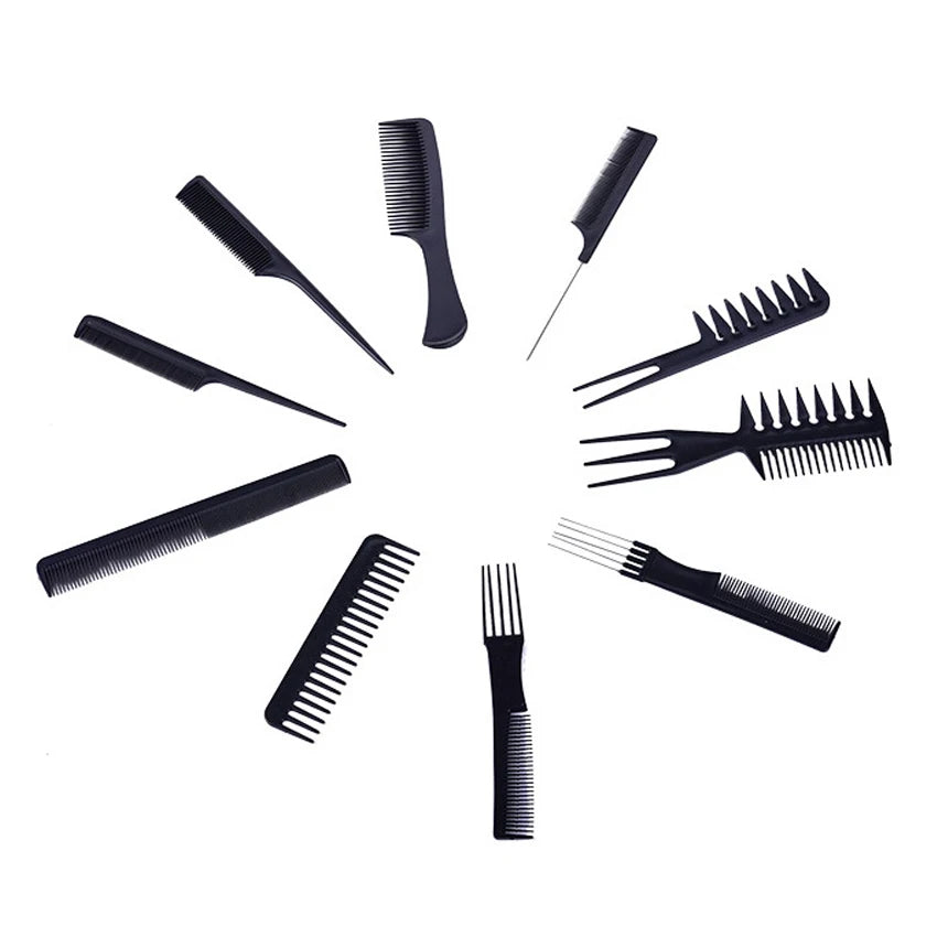 10pcs Black Makeup Comb Set - Styling and Hairdressing Combs in 10 Designs, Barber Training Tail Combs for Salon Use