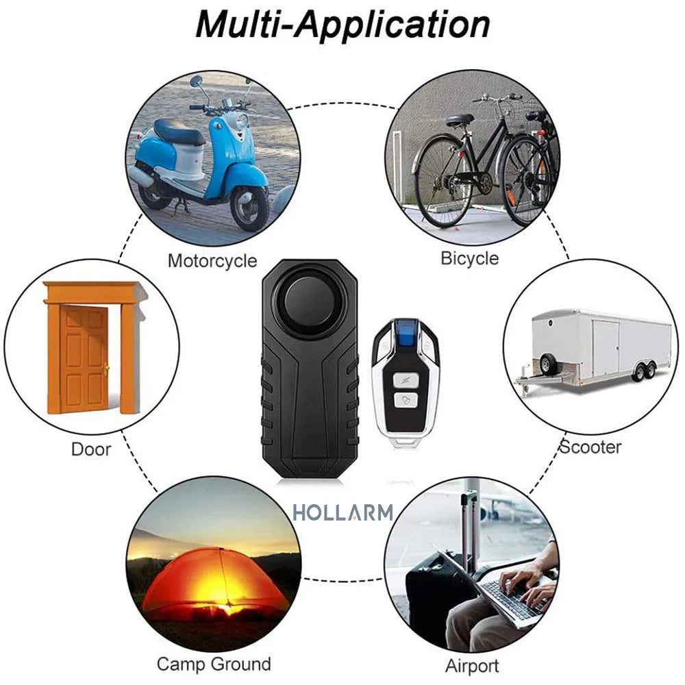 Hollarm Wireless Vibration Alarm for Bicycle and Motorcycle - IP55 Waterproof, Remote Control Anti-Theft Bike Detector System