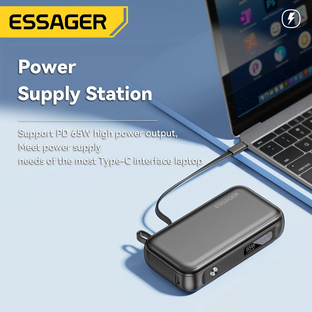 Essager 15000mAh Power Bank – Portable External Battery Pack with USB-C Cable, 65W Fast Charger for iPhone, iPad, MacBook