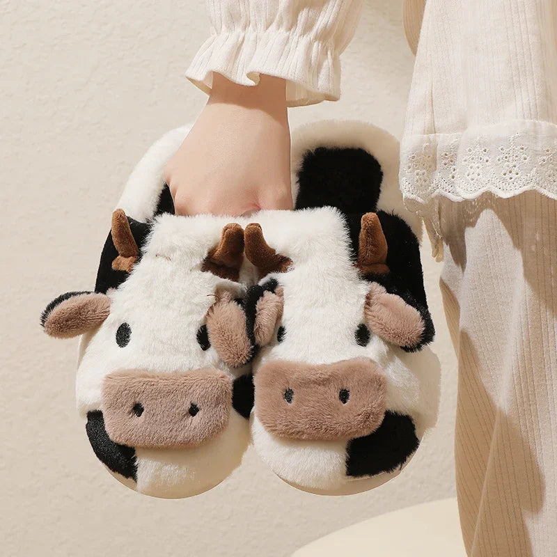 New Winter Cartoon Cow Warm Plush Slippers: Unisex Couple's Indoor Non-Slip House Slides - Toe Wrap Cotton Shoes