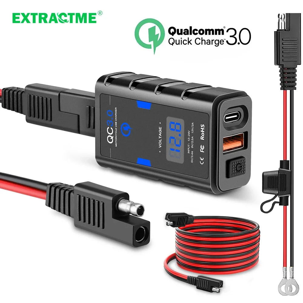 Extractme 6.8A QC3.0 Waterproof Motorcycle USB Charger: 12V Power Supply Adapter with Voltmeter Socket - Moto Phone Charging Solution