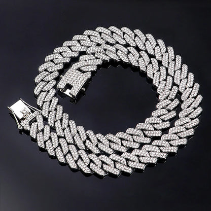 Hip Hop Shiny 15MM Cuban Link Chain Necklace | Silver Color Rhinestone Iced Out | Punk Jewelry for Women & Men | Gift