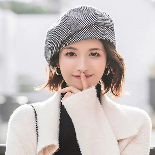 2024 Women's Wool Beret - Elegant Plaid Vintage Octagonal Cap, Casual Cotton Hat for Autumn and Winter