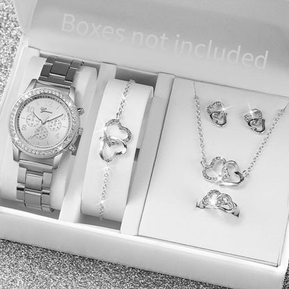 6PCS Women's Rhinestone Watch and Jewelry Set - Fashion Quartz Watch with Stainless Steel Band and Double Heart Design (Without Box)