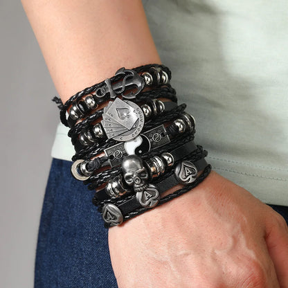 Fashion Black Skull Multi-Layer Beaded Leather Bracelet Set for Men - Adjustable DIY Winding Rope